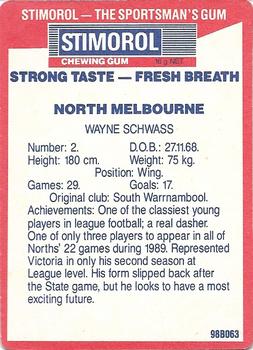 1990 AFL Scanlens Stimorol #99 Wayne Schwass Back